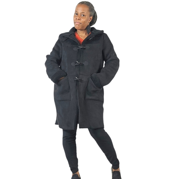 Laruen Ralph Lauren Faux Shearling Toggle Buttoned Black Coat - Picture 2 of 16